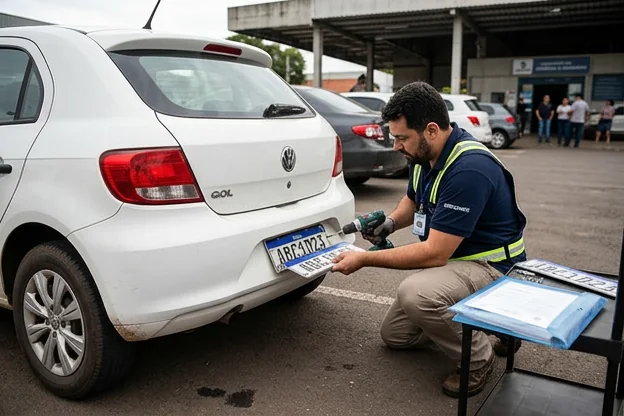 Profissional de despachante realizando emplacamento de veículo em Passo Fundo.